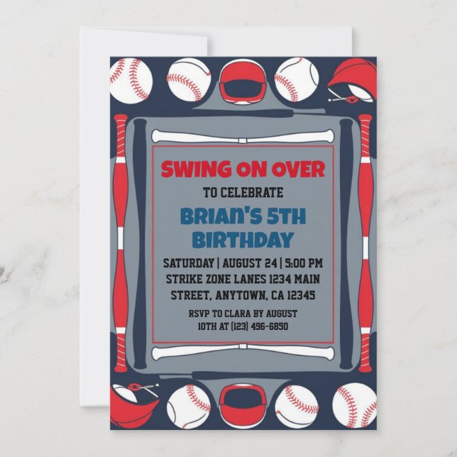 Sports kids baseball birthday invitations (Front)