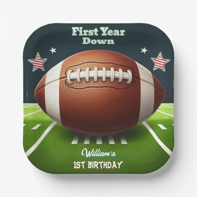 Sports kids boys ticket Football 1st Birthday Paper Plates (Front)