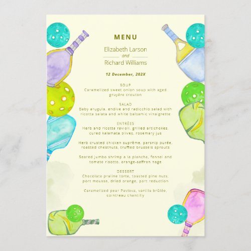 Sports Lover Watercolor  Pickleball Themed Wedding Menu