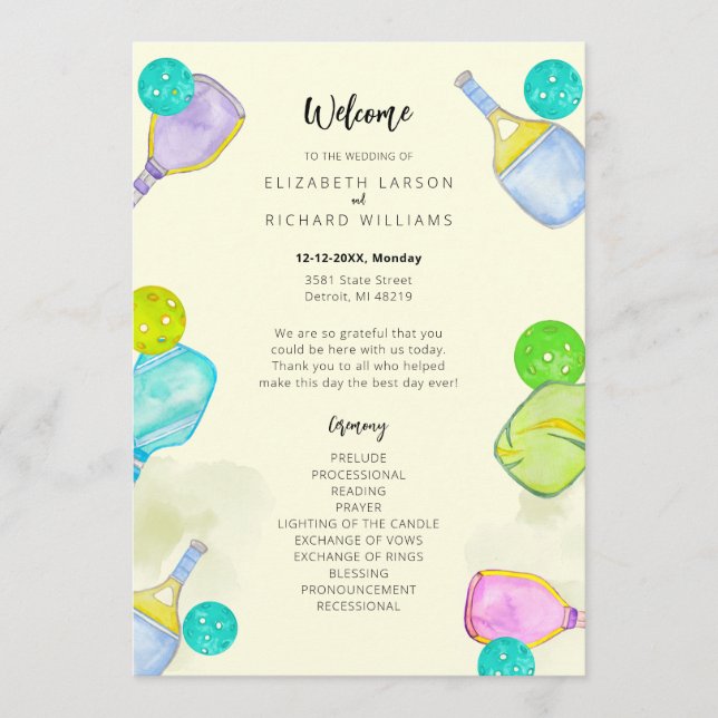 Sports Lover Watercolor  Pickleball Themed Wedding Program (Front)