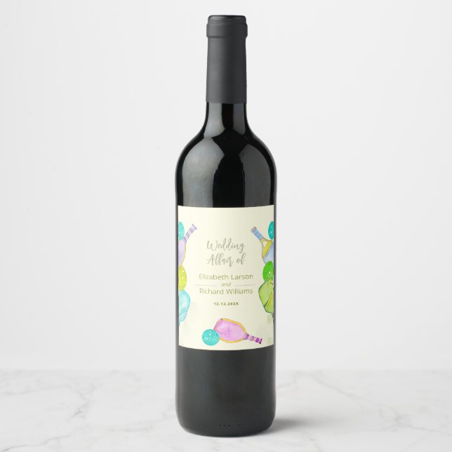 Sports Lover Watercolor  Pickleball Themed Wedding Wine Label (Front)