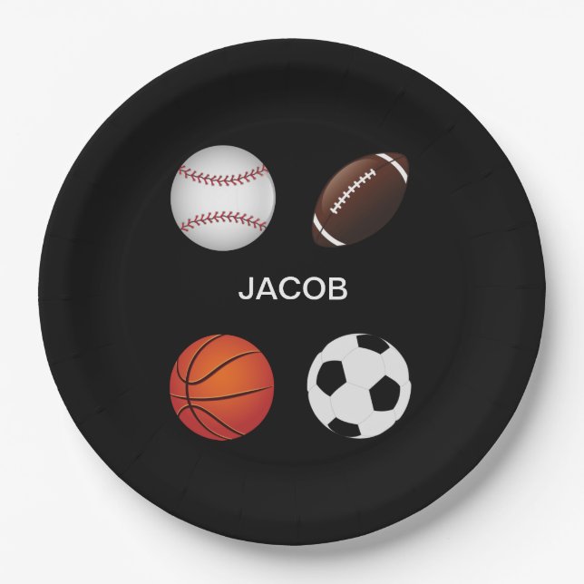 " SPORTS" PAPER PLATES WITH CHILDS NAME. (Front)