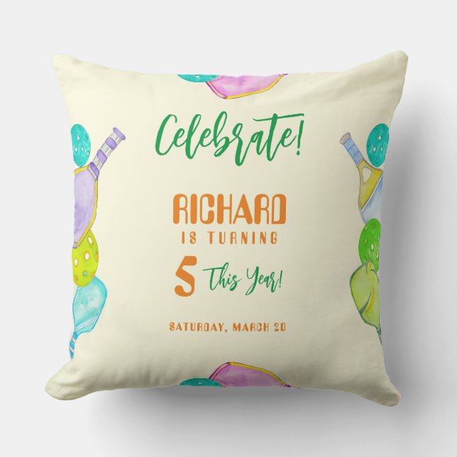 Sports Party Watercolor Pickleball Themed Birthday Throw Pillow (Front)