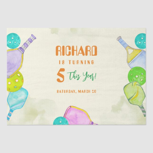 Sports Party Watercolor Pickleball Themed Birthday Tissue Paper (Front)