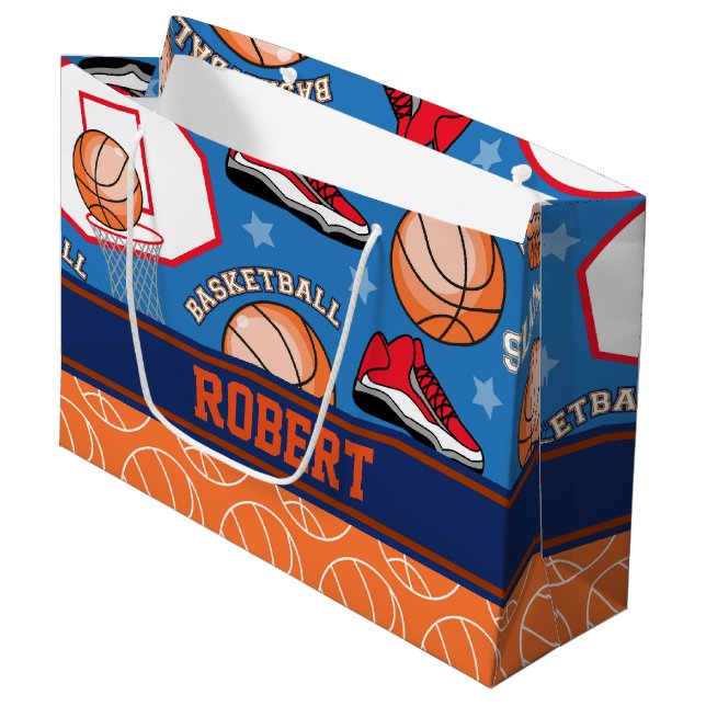 SPORTS Personalize Name Basketball Fan Fun Pattern Large Gift Bag (Front Angled)