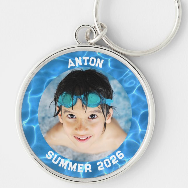 Sports Photo Aqua Blue Swimming Pool Border Keychain (Front)
