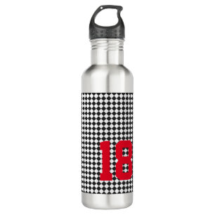 Sports Player NUMBER Checkerboard Black White Team Stainless Steel Water Bottle