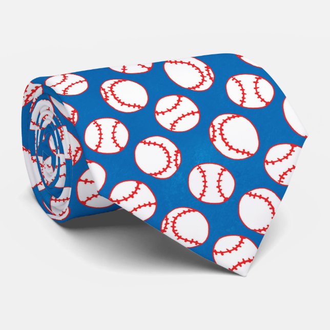 Sports Red and White Baseballs on Blue Pattern Tie (Rolled)