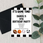 Sports Referee It's Game Time! Birthday Party Invitation<br><div class="desc">This is a sports themed birthday party invite for a boy. The design includes a baseball,  basketball,  soccer ball and a football. Referee themed. Black and white.</div>