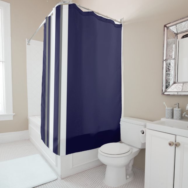 Sports Shower Curtain- Blue Gray and White Curtain (In Situ)