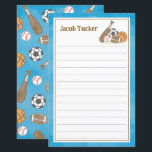 Sports Sky Blue Kids Lined Letter Writing Paper<br><div class="desc">This design is in our sports theme, featuring a pattern of watercolor basketballs, footballs, baseball bats, baseballs and soccer balls in a sky blue color scheme. Click the customize button if you would like to move/scale the images and further modify the text! Variations of this design, additional colors, as well...</div>