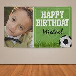 Sports Soccer Football Birthday Party Banner<br><div class="desc">Soccer sports themed happy birthday banner featuring a photo of your child,  a green football pitch,  lush green grass,  a soccer ball,  and a kids party banner template.</div>