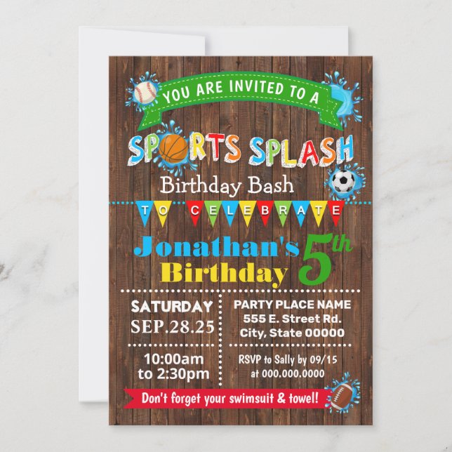 Sports splash birthday summer water party invitation (Front)