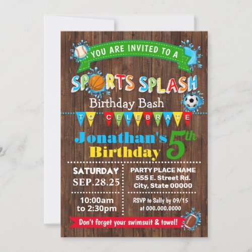 Sports splash birthday summer water party invitation