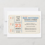 Sports Star Bar Mitzvah Save the Date Card Blue<br><div class="desc">Every great Bar Mitzvah begins with a little buzz. Generate some of your own with this save the date postcard that mimics a classic sporting event ticket. Plus, you can customize virtually all of the printed information with your information…just fill in the fields! It’s perfect for a sports themed Bar...</div>