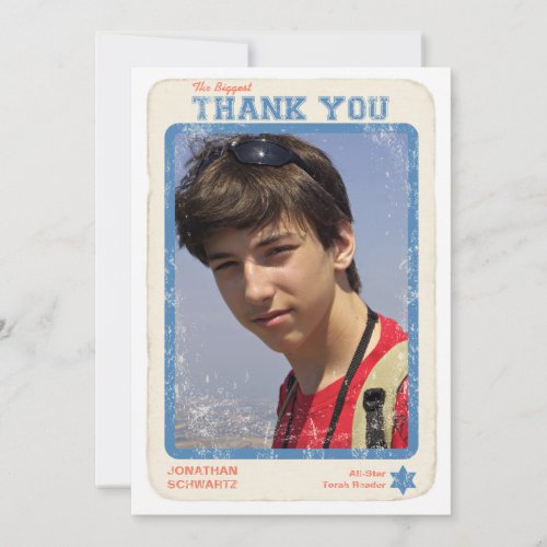 Sports Star Bar Mitzvah Thank You Card Blue