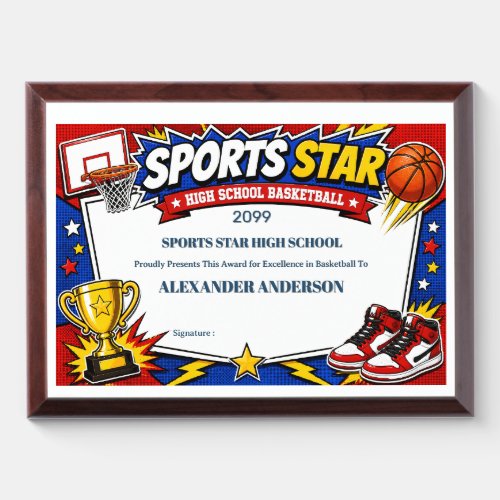 Sports Star Basketball High School Year End Award Plaque