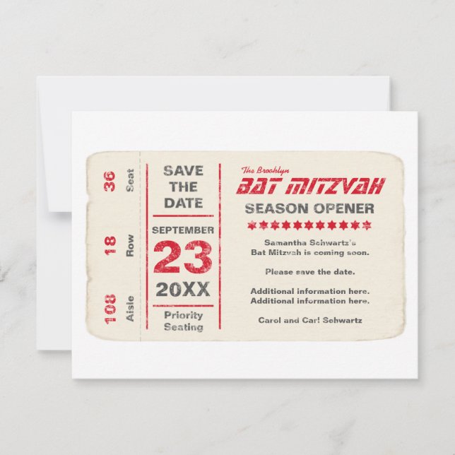 Sports Star Bat Mitzvah Save the Date Card in Red (Front)