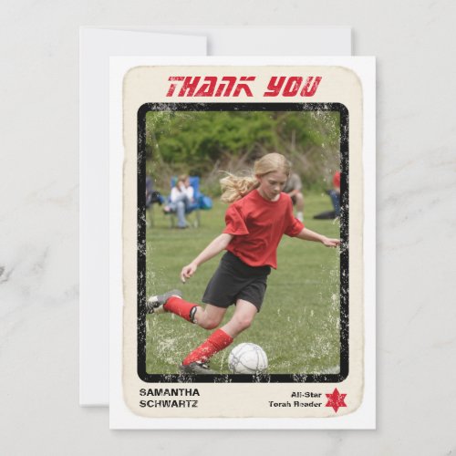 Sports Star Bat Mitzvah Thank You Card in Red