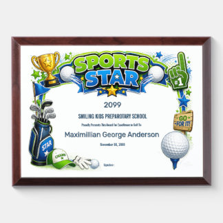 Sports Star Golf Kids School Year End Award Plaque