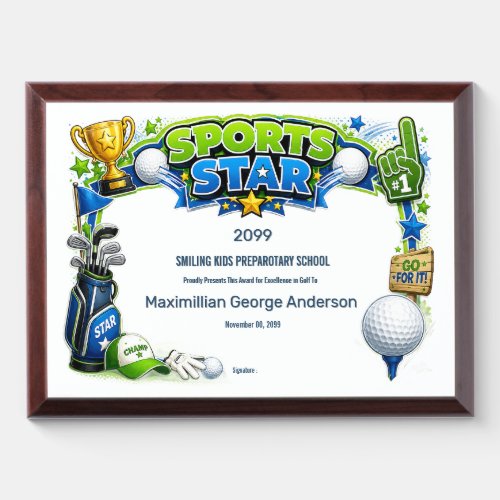 Sports Star Golf Kids School Year End Award Plaque
