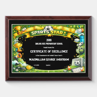 Sports Star Soccer Football Excellence certificate Award Plaque