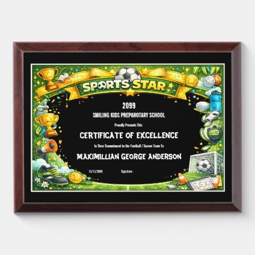 Sports Star Soccer Football Excellence certificate Award Plaque