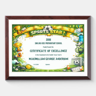 Sports Star Soccer Football Kids School Year End Award Plaque