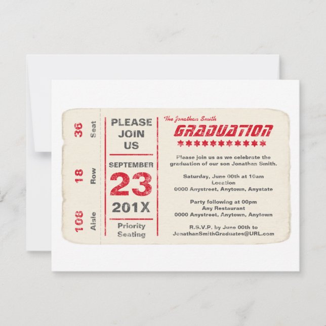 Sports Star Ticket Graduation, Red Invitation (Front)