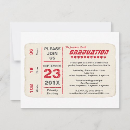 Sports Star Ticket Graduation, Red Personalized Invitation