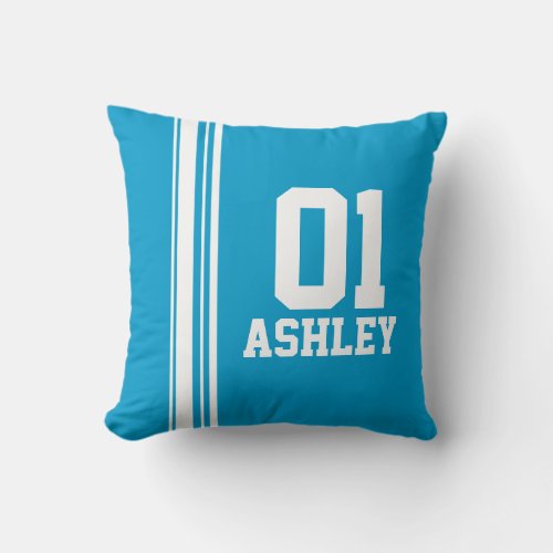 Sports stripe white blue name age or number pillow