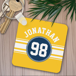 Sports Stripes Navy Blue & Yellow Name Number Keychain