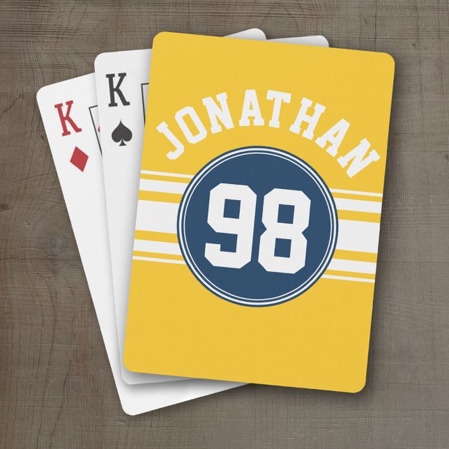 Sports Stripes Navy Blue & Yellow Name Number Poker Cards (Personalized Playing Cards - Sporty Stripes)