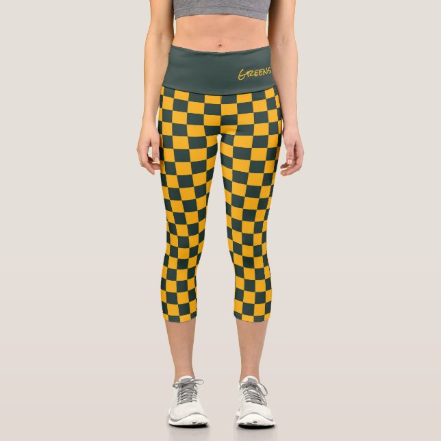 Sports Team Checkered Green Gold School Name Capri Leggings (Front)