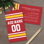 Sports Team Football Jersey Custom Name Number Business Card<br><div class="desc">Red,  yellow gold and white - Add your name and number -- This sports design is perfect for any sports or high school player. You can even claim these for your Fantasy Football team. Click on the CUSTOMIZE button to make even more changes.</div>