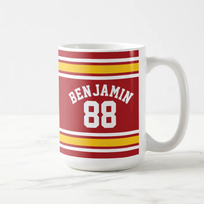 White Mug with Red and White Football Shirt Design 11oz Customised with Name / Number / Text, Personalised Football Mug with Football Game