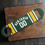 Sports Team Football Jersey Custom Name Number Speed Bottle Opener<br><div class="desc">Add your favorite name and number -- This olive and gold sports design is perfect for any professional,  college or high school fan. You can even claim these for your Fantasy Football team. Click on the CUSTOMIZE button to make even more changes.</div>