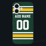 Sports Team Football Jersey Green Name Number iPhone 16 Case<br><div class="desc">Add your favorite name and number -- This olive and gold sports design is perfect for any professional,  college or high school fan. You can even claim these for your Fantasy Football team. Click on the CUSTOMIZE button to make even more changes.</div>
