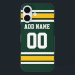 Sports Team Football Jersey Green Name Number iPhone 16 Case<br><div class="desc">Add your favorite name and number -- This olive and gold sports design is perfect for any professional,  college or high school fan. You can even claim these for your Fantasy Football team. Click on the CUSTOMIZE button to make even more changes.</div>
