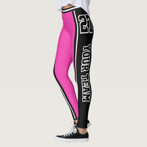 Sports Team Name Number Black Hot Pink Striped Leggings