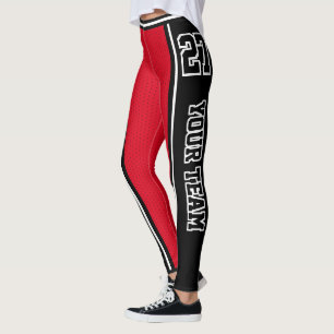 Sports Team Name Number Black Red Bold Striped Leggings