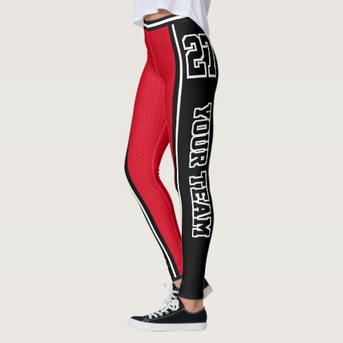 Sports Team Name Number Black Red Bold Striped Leggings