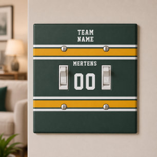 Sports Team Name Number Green Gold White Double Light Switch Cover