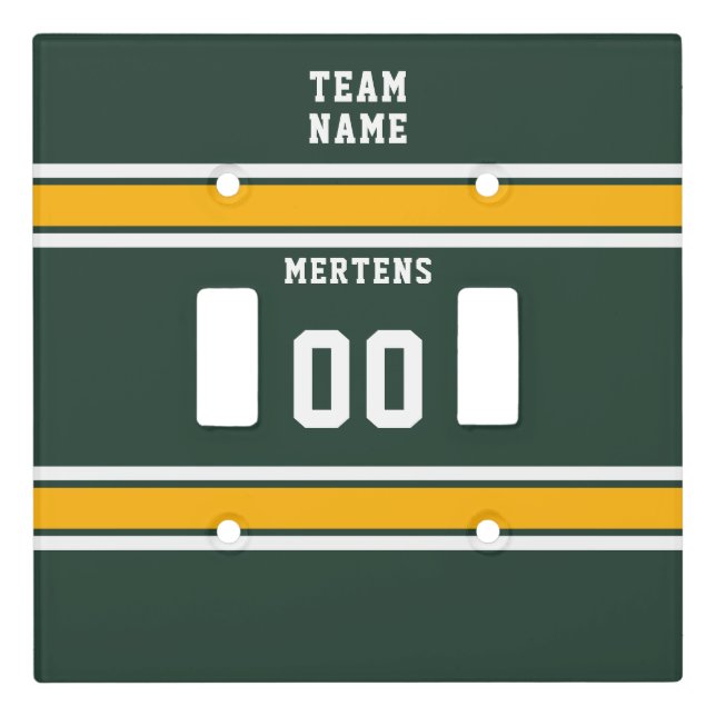 Sports Team Name Number Green Gold White Double Light Switch Cover (Front)
