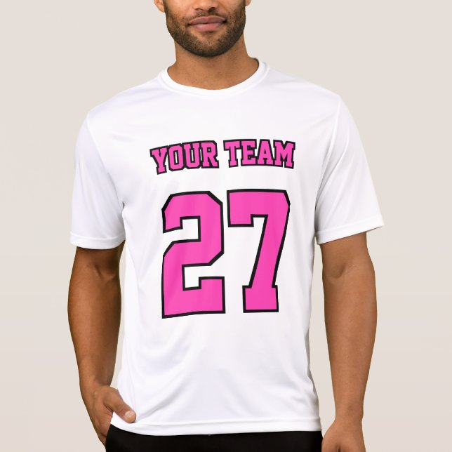 Sports Team Name Number Hot Pink Outlines Varsity T-Shirt (Front)