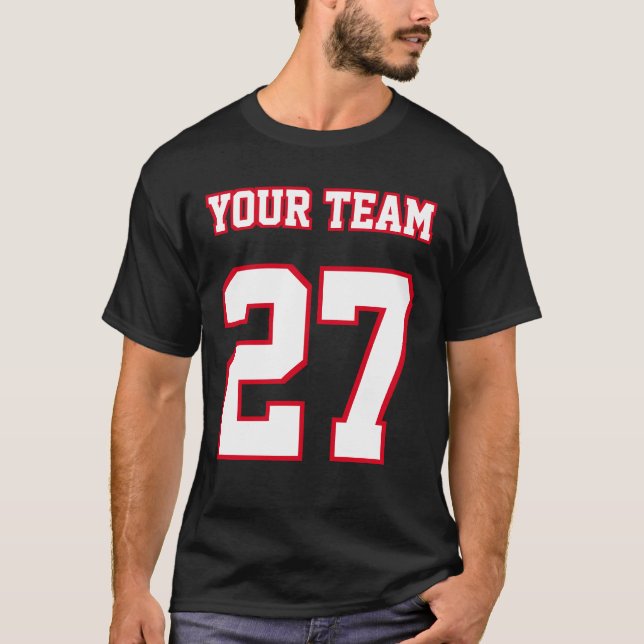 Sports Team Name Number Red White Outlines T-Shirt (Front)