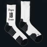 Sports Team Number Name White Script Baseball Socks<br><div class="desc">Prepare your team for the win with these sports socks by JessicaAmber! These high performance crew socks feature bold script lettering and a white & black color scheme. You can add your team name, team number, and last name. Make a set for your baseball team! ••• For more athletic apparel,...</div>