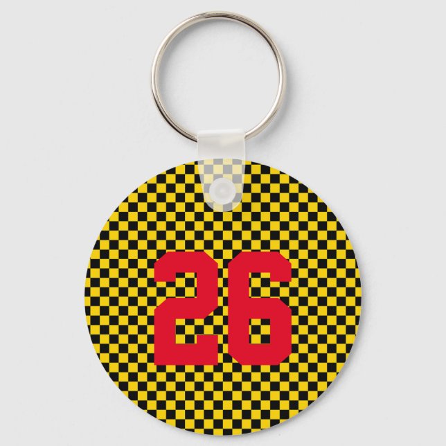 Sports Team Player NUMBER Checkerboard Fan Club Keychain (Front)