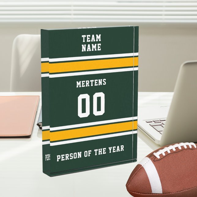 Sports Team Your Name Number Green Gold White Acrylic Award (Sports Team Your Name Number Green Gold White Acrylic Award)