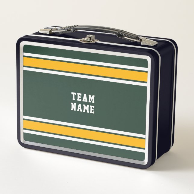 Sports Team Your Name Number Green Gold White Metal Lunch Box (Front)